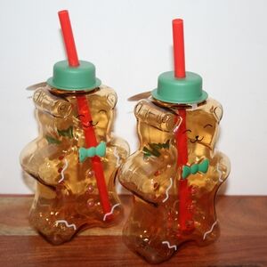 Bear Shaped Party Cups with Straws - Gold and Red